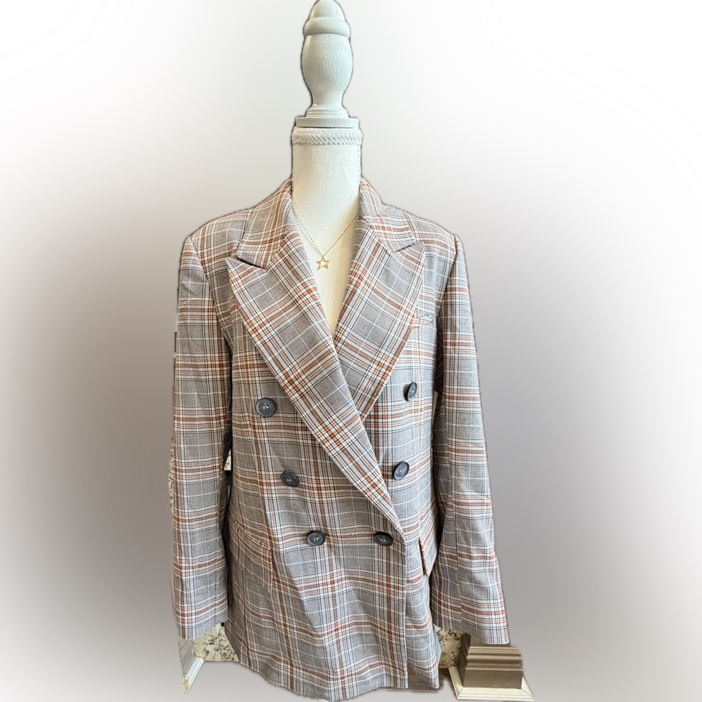 Free People Brown Plaid Double-Breasted Blazer